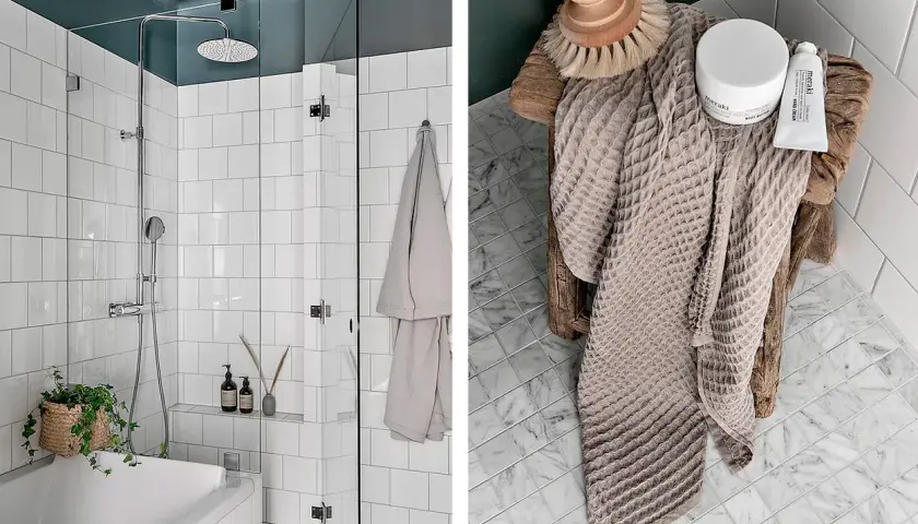 Ett modernt badrum med vitt kakel och mörkblått tak. En duschhörna med regndusch och en badkar. På en pall ligger en handduk, en burk och en tub. Perfekt för att måla tak badrum.