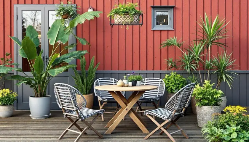 Vacker uteplats med ett runt träbord, randiga stolar och massor av gröna växter i krukor utomhus inspiration.