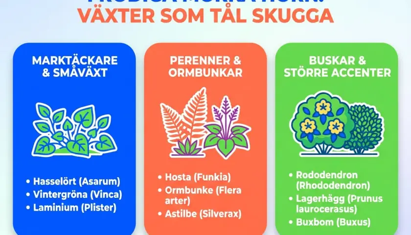 Illustrationer av växter för skuggiga platser, inklusive olika funkia sorter.
