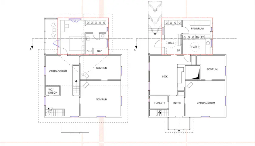 Planritning av hus med tillbyggnad i vinkel. Visar rum som kök, sovrum, badrum och vardagsrum.