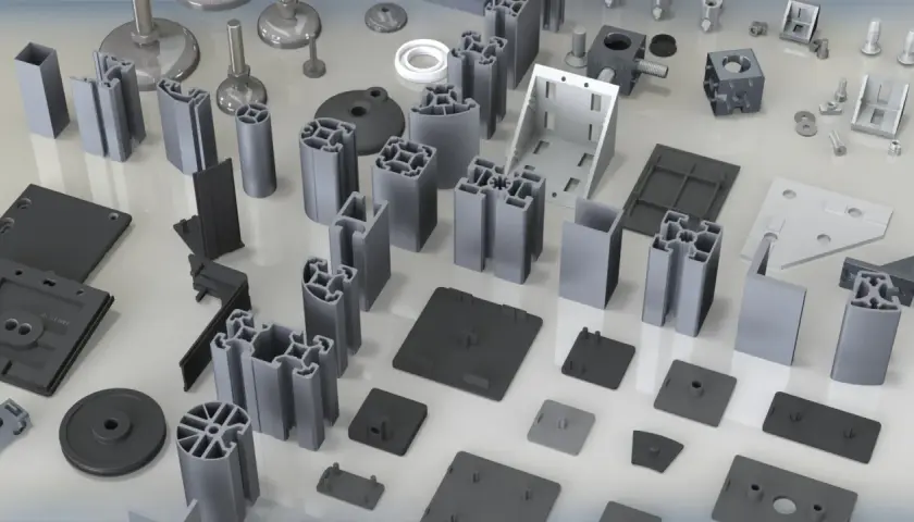 En samling profiler och komponenter för att måla aluminium. Olika former och storlekar av aluminiumprofiler, fästen och tillbehör.