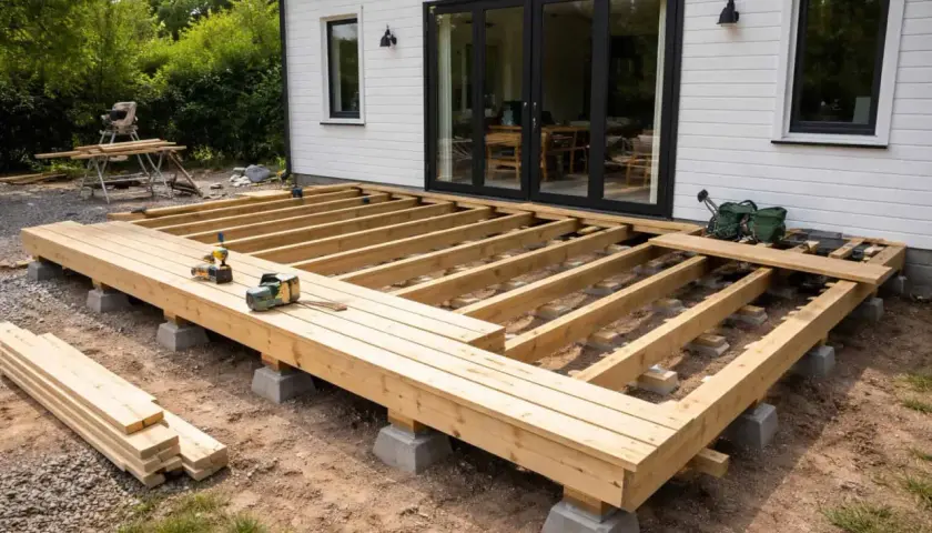 Bygga altan på plintar. Träkonstruktion för altan under uppbyggnad, med synliga bjälkar och plintar som stöd. Verktyg ligger redo.