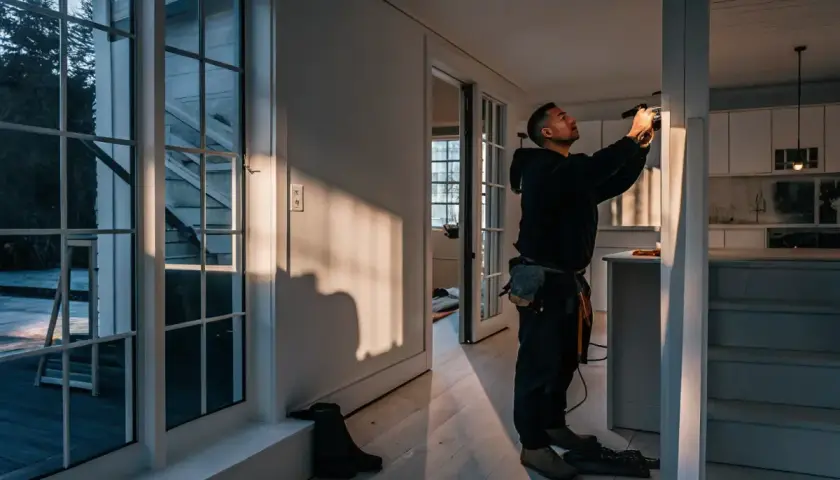 Man med verktygsbälte fixar något vid en vägg. Solen lyser in genom stora fönster. Kanske för att laga klinker flisa.