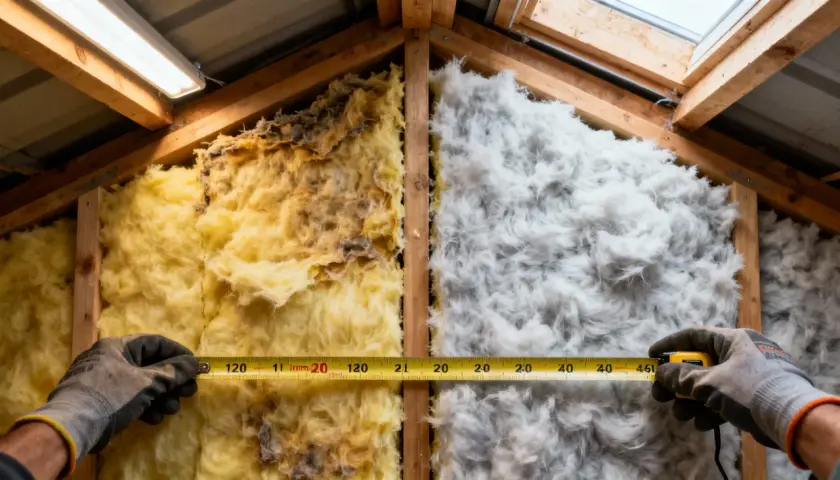Mätning av isolering i taket. Gammal gul isolering med mögel jämförs med ny vit isolering. Att isolera tak inifrån är viktigt för energieffektivitet.
