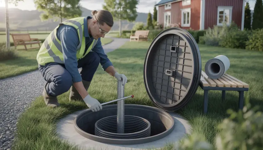 Arbetare inspekterar en trekammarbrunn. En nyckelfaktor för att förstå trekammarbrunn kostnad är installationen.