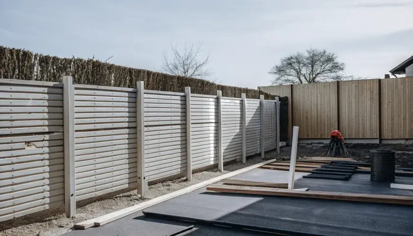 Ett nytt staket runt tomtens gräns byggs. Material ligger redo för montering.