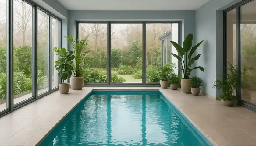 Ett modernt inomhuspool med stora fönster som vetter mot en grönskande trädgård. Perfekt för att bygga in pool och njuta året runt.