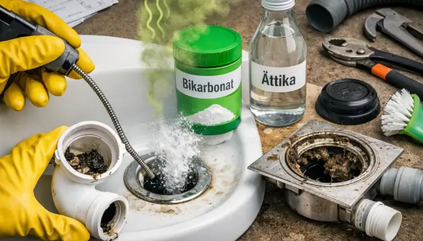 Rengöring av igensatt avluftning avlopp med bikarbonat och ättika. Verktyg och smuts syns.