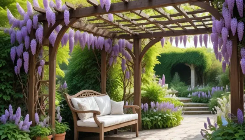En vacker blåregn pergola med en träbänk under, omgiven av lila blommor och grönska. En idyllisk plats för avkoppling.