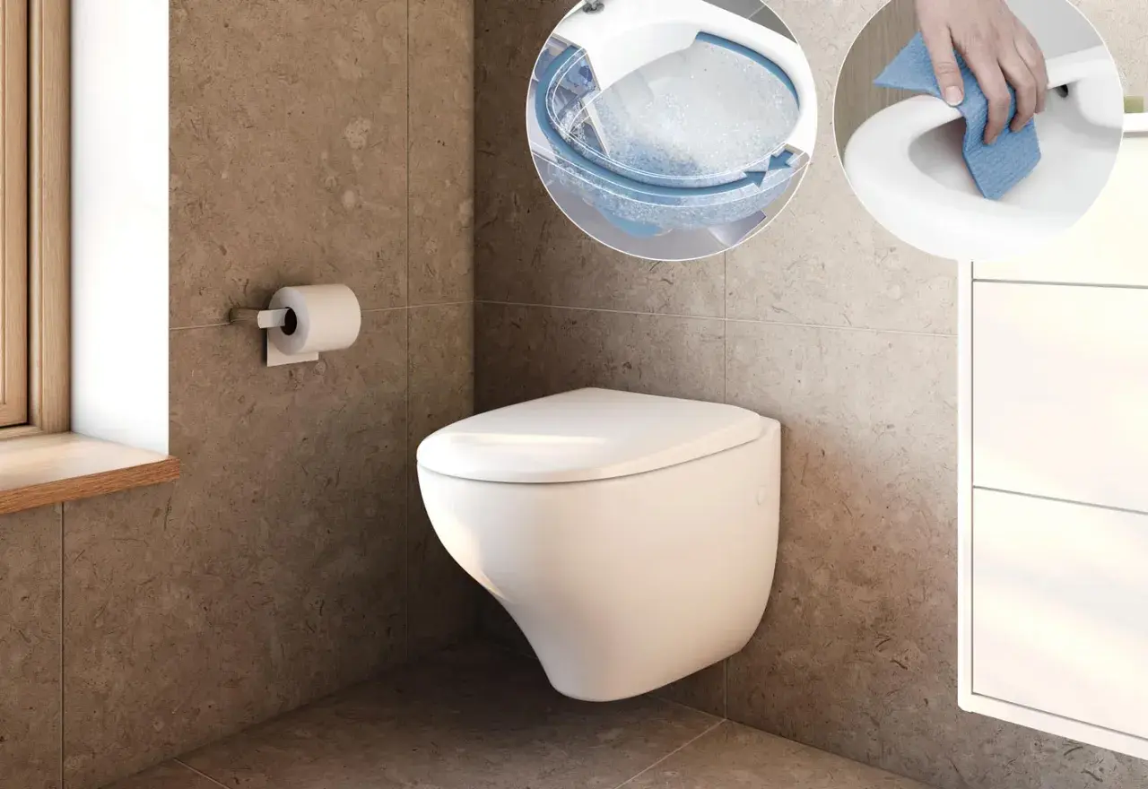 Modern vägghängd toalett utan synlig cistern, visar hur den rengörs och hur vattnet cirkulerar. En toalett utan avlopp som är enkel att underhålla.