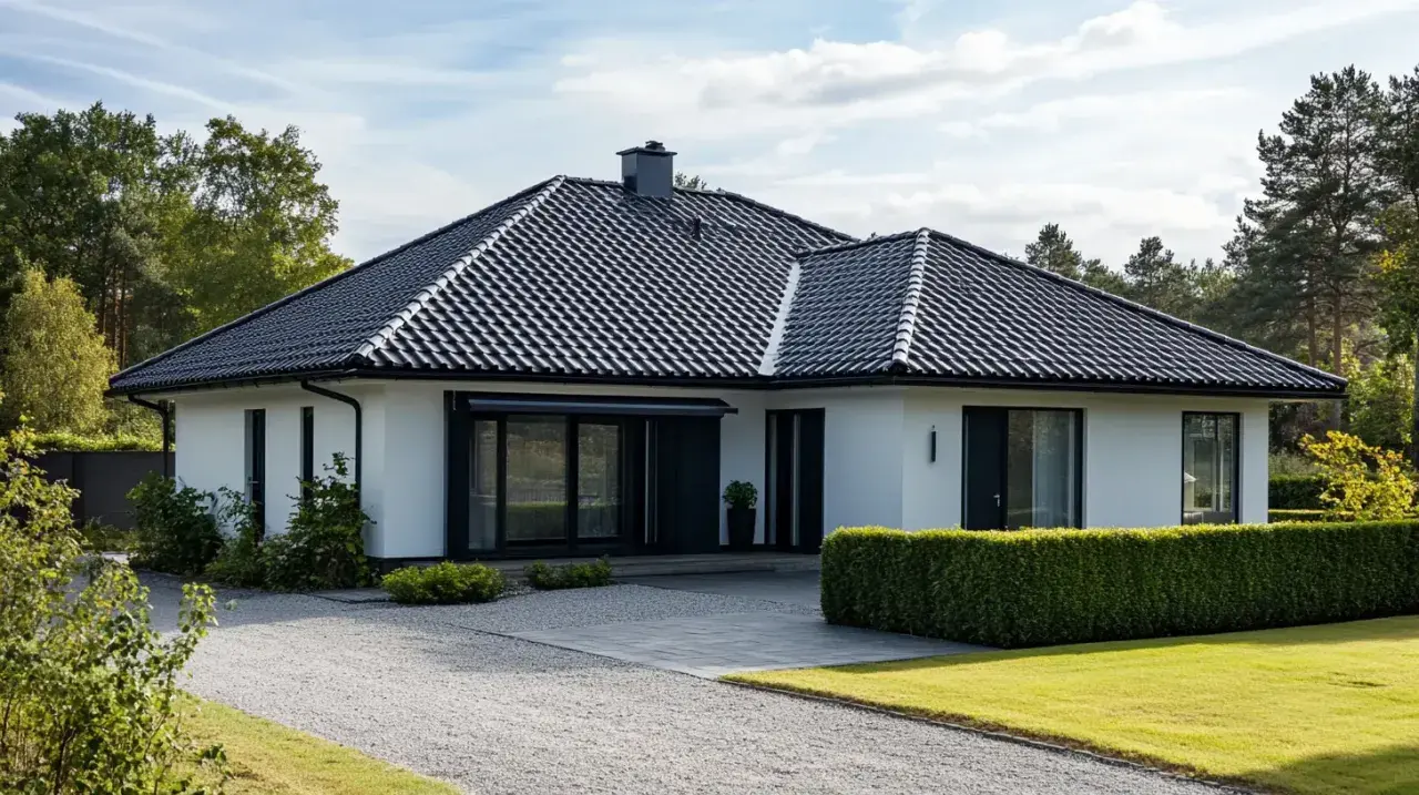 Välvalt tak på en modern villa med utbyggnad. Mörka takpannor ger ett stilrent intryck.