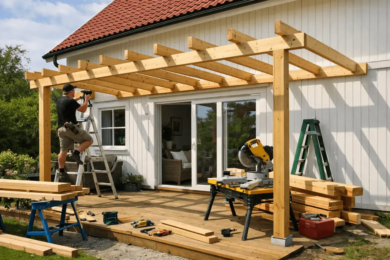 Man bygger en paviljong på altanen. Träbjälkar monteras på husfasaden, verktyg och material ligger utspritt.