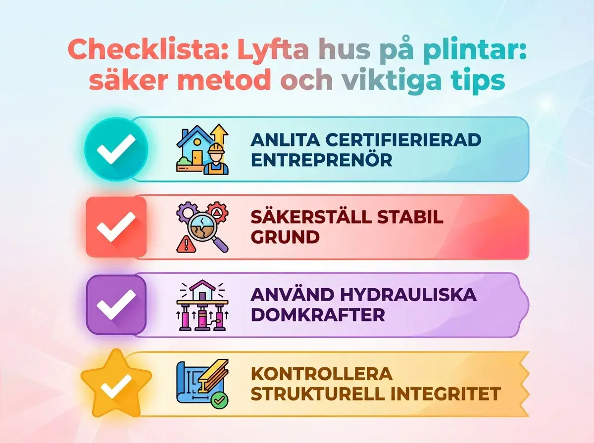 Checklista för att lyfta hus på plintar: anlita proffs, säkerställ grunden, använd hydrauliska domkrafter och kontrollera strukturen.