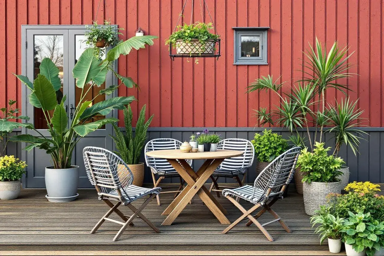 Vacker uteplats med ett runt träbord, randiga stolar och massor av gröna växter i krukor utomhus inspiration.