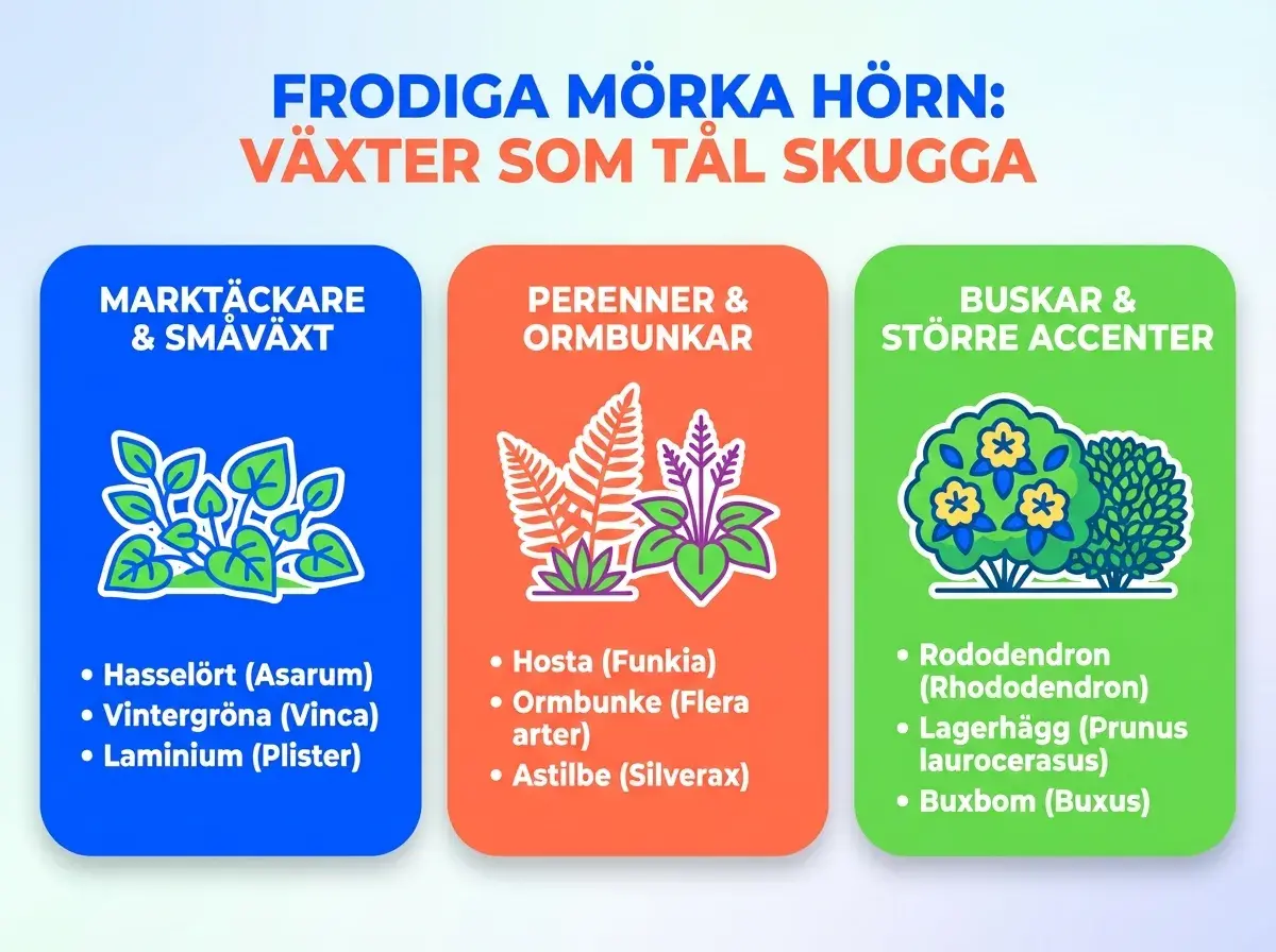 Illustrationer av växter för skuggiga platser, inklusive olika funkia sorter.