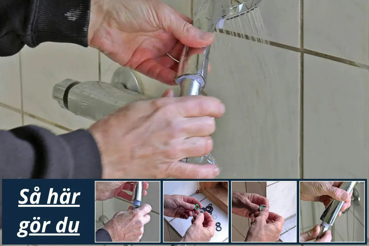 Händer som byter duschslang. En person skruvar loss en duschslang från ett blandare. Flera bilder visar steg för steg hur man byter.