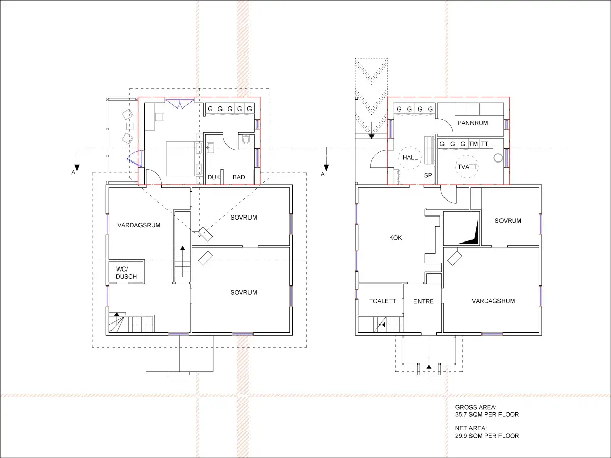 Planritning av hus med tillbyggnad i vinkel. Visar rum som kök, sovrum, badrum och vardagsrum.