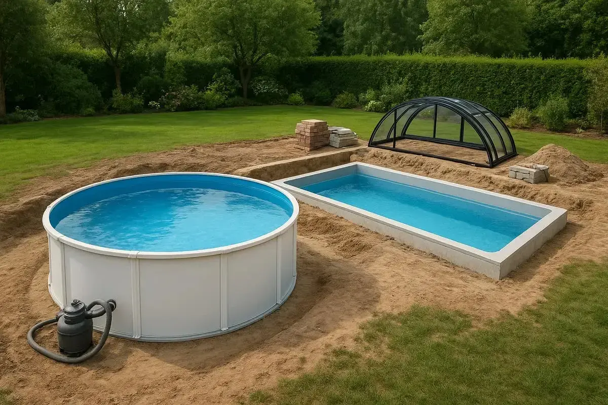 Två pooler, en rund och en rektangulär, under uppbyggnad i en trädgård. En poolkåpa ligger redo. Tänk på bygga pool kostnad för din dröm.