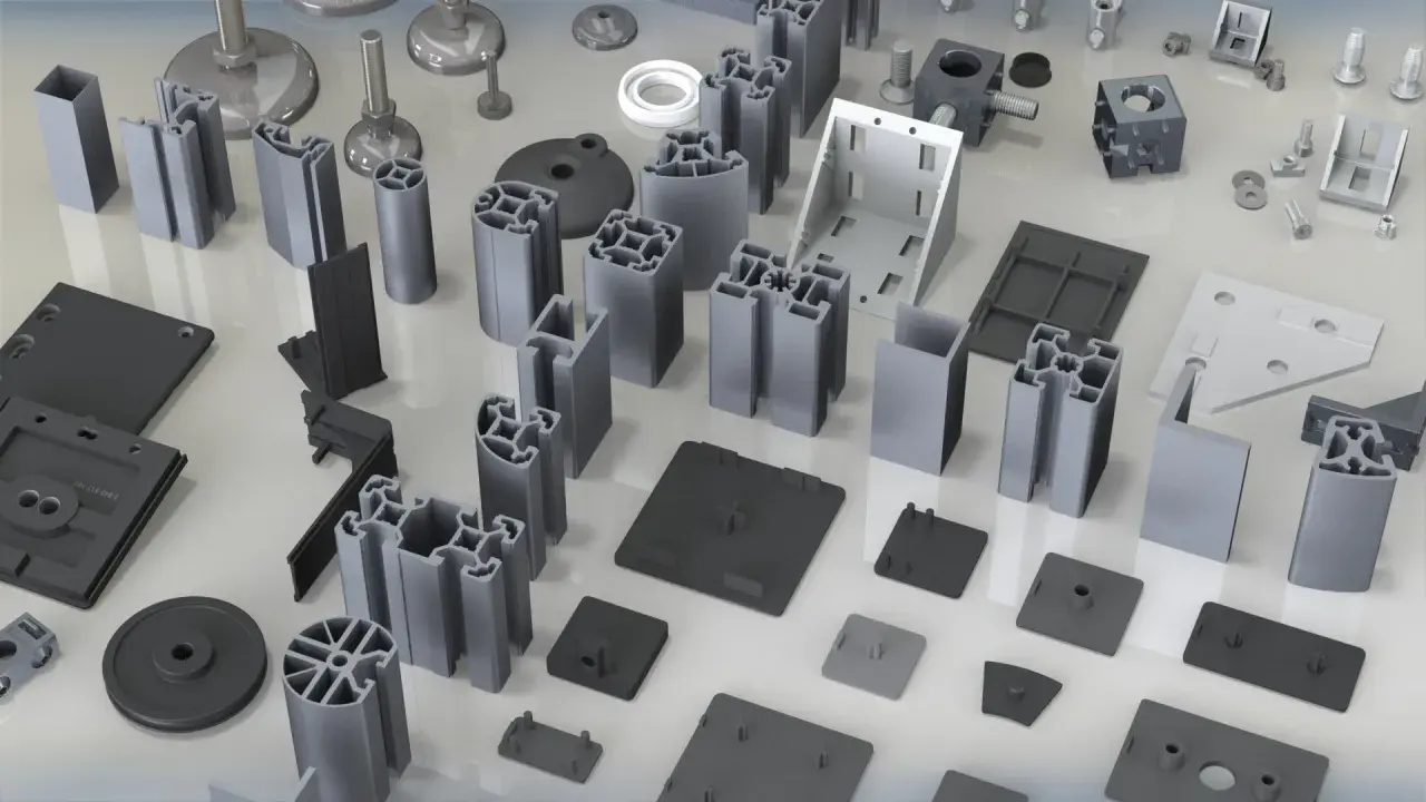 En samling profiler och komponenter för att måla aluminium. Olika former och storlekar av aluminiumprofiler, fästen och tillbehör.