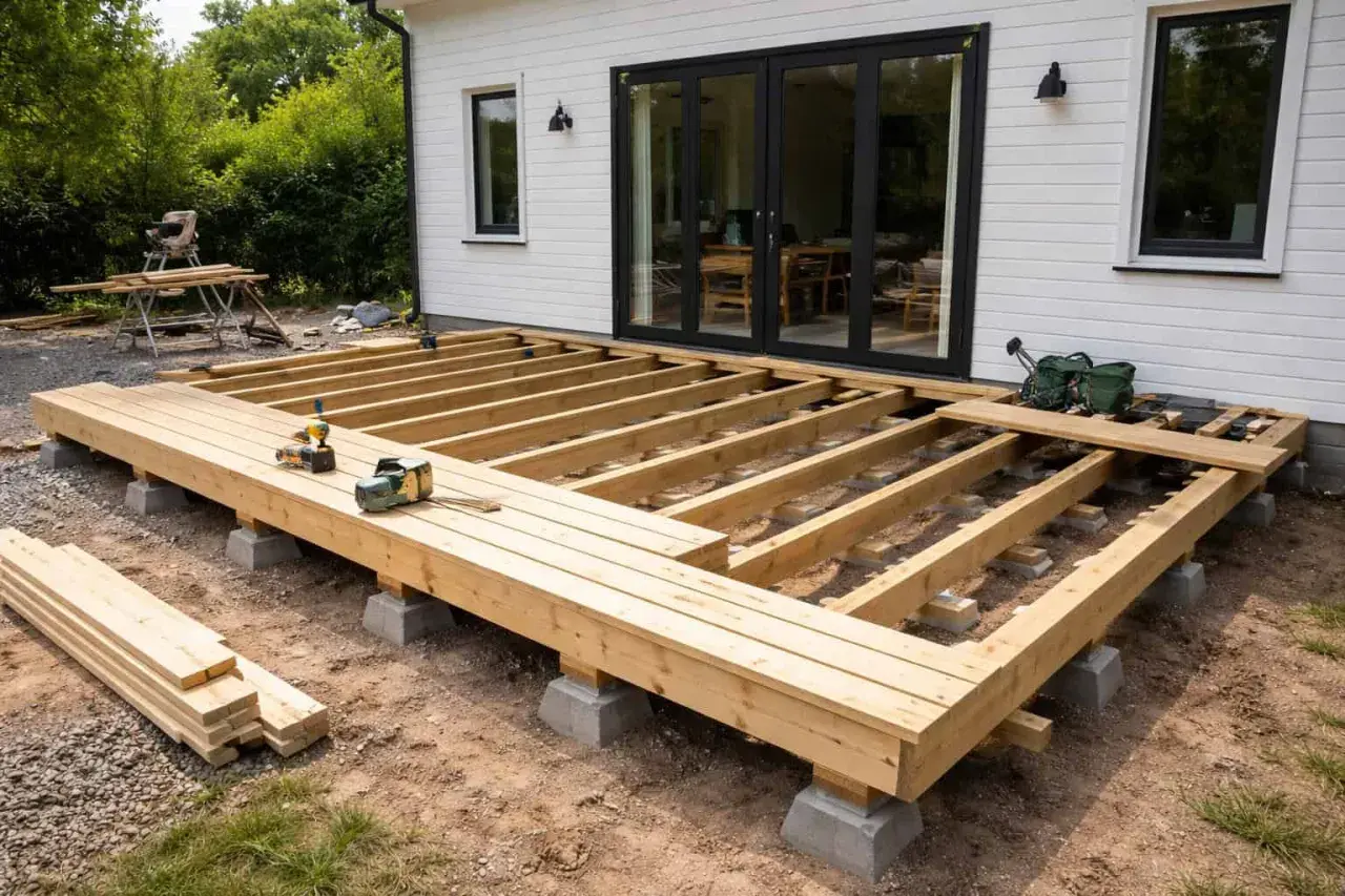 Bygga altan på plintar. Träkonstruktion för altan under uppbyggnad, med synliga bjälkar och plintar som stöd. Verktyg ligger redo.