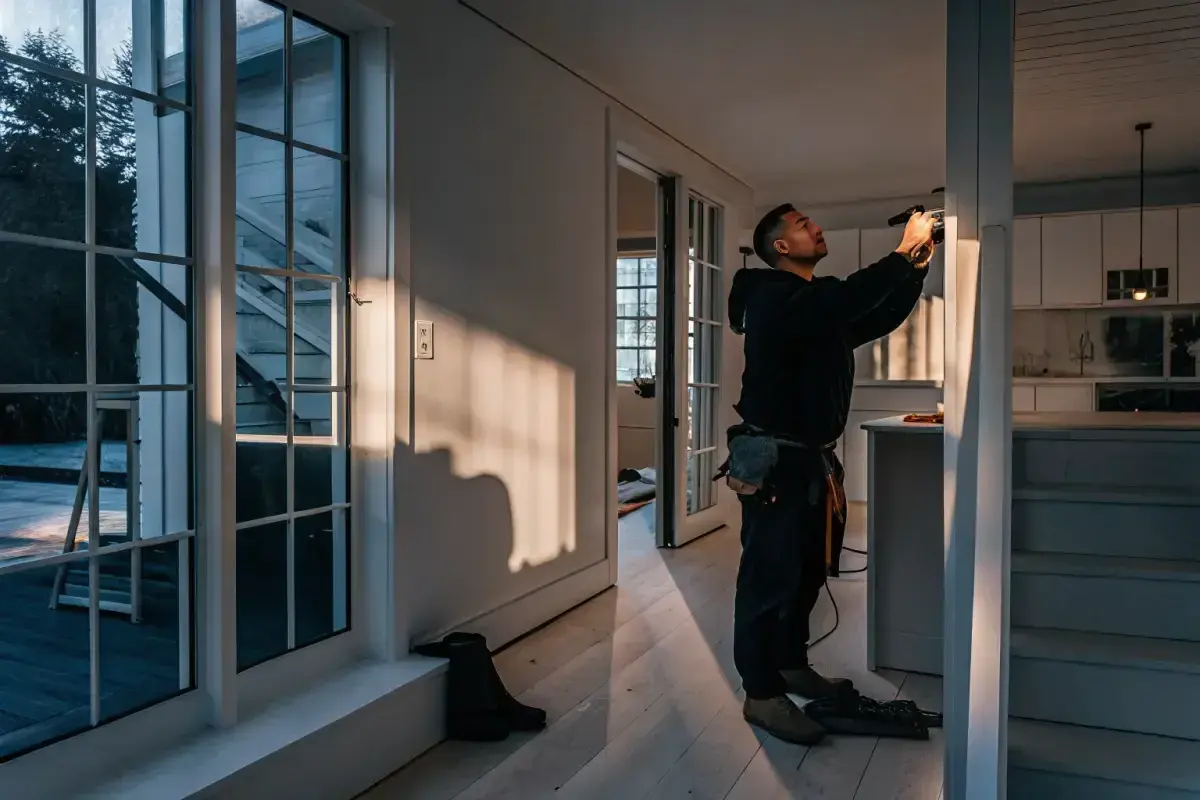 Man med verktygsbälte fixar något vid en vägg. Solen lyser in genom stora fönster. Kanske för att laga klinker flisa.