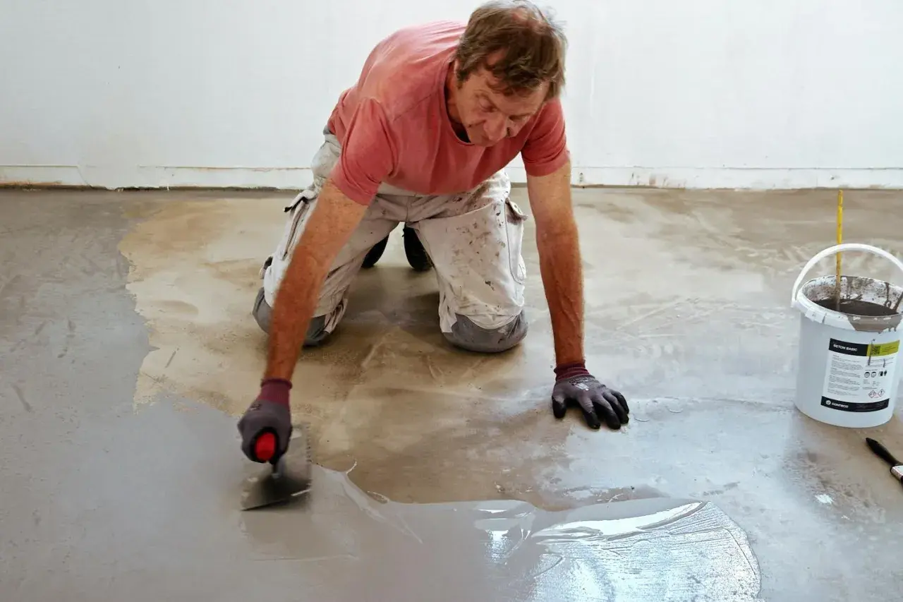 Man med spackel breddar ut grått material på betonggolv. Undrar du över slipa betonggolv pris?