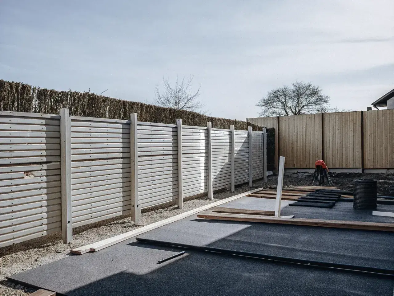 Ett nytt staket runt tomtens gräns byggs. Material ligger redo för montering.