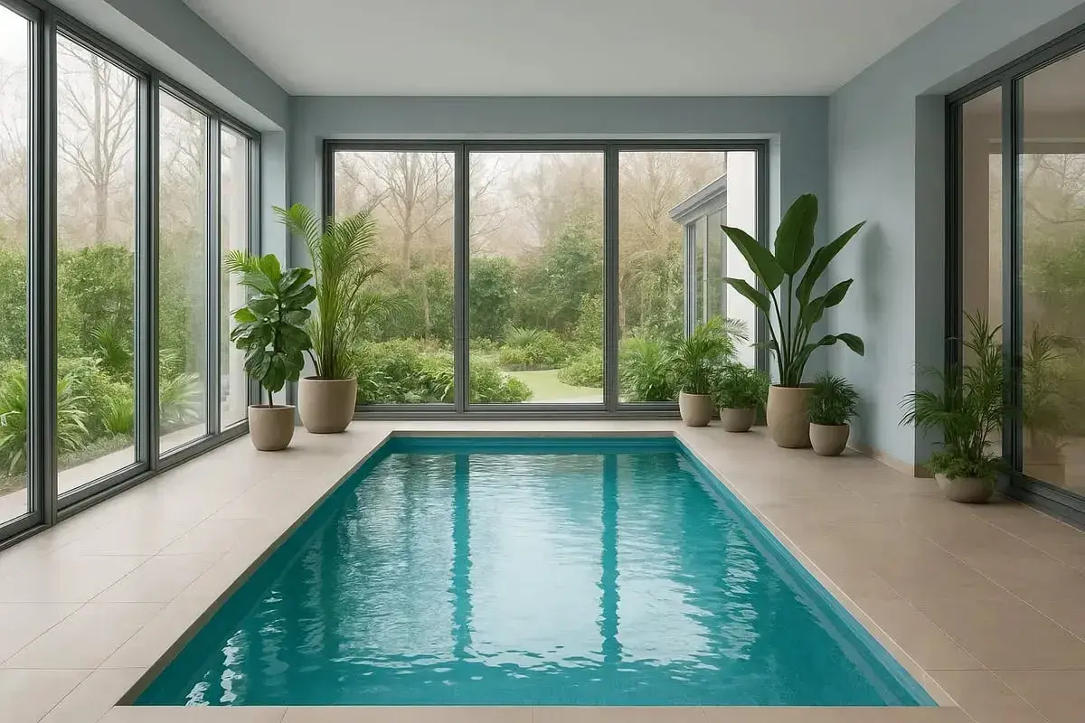Ett modernt inomhuspool med stora fönster som vetter mot en grönskande trädgård. Perfekt för att bygga in pool och njuta året runt.