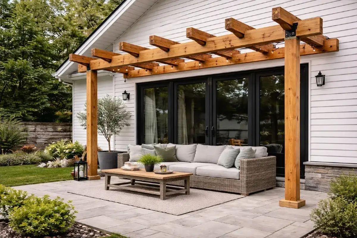 En vacker uteplats med en träpergola, perfekt för att bygga paviljong. Här finns en bekväm soffa, soffbord och en grönskande trädgård.