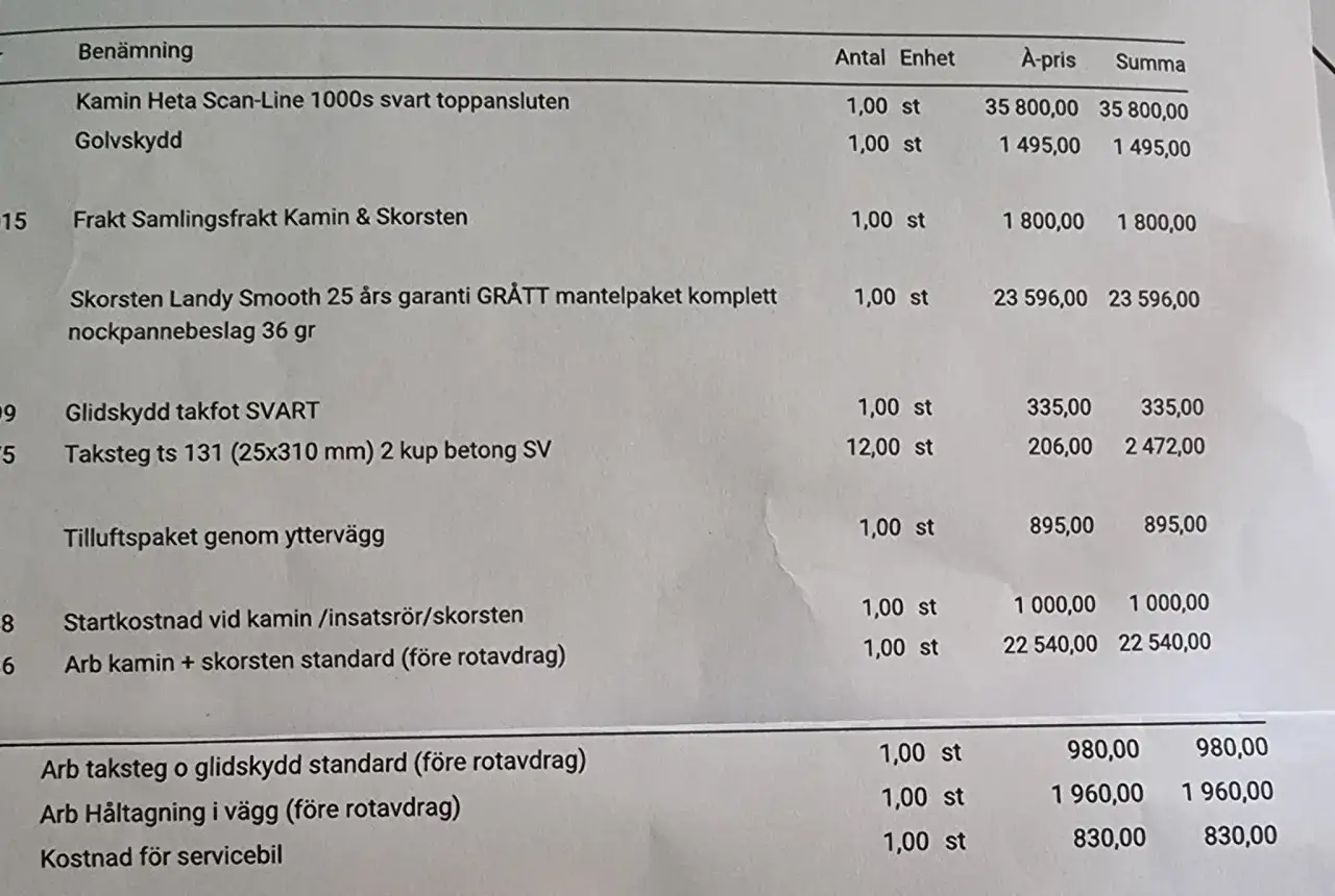 Detaljerad specifikation f&ouml;r installation av kamin, inklusive skorsten och tillbeh&ouml;r. Pris f&ouml;r kamin Heta Scan-Line 1000s.