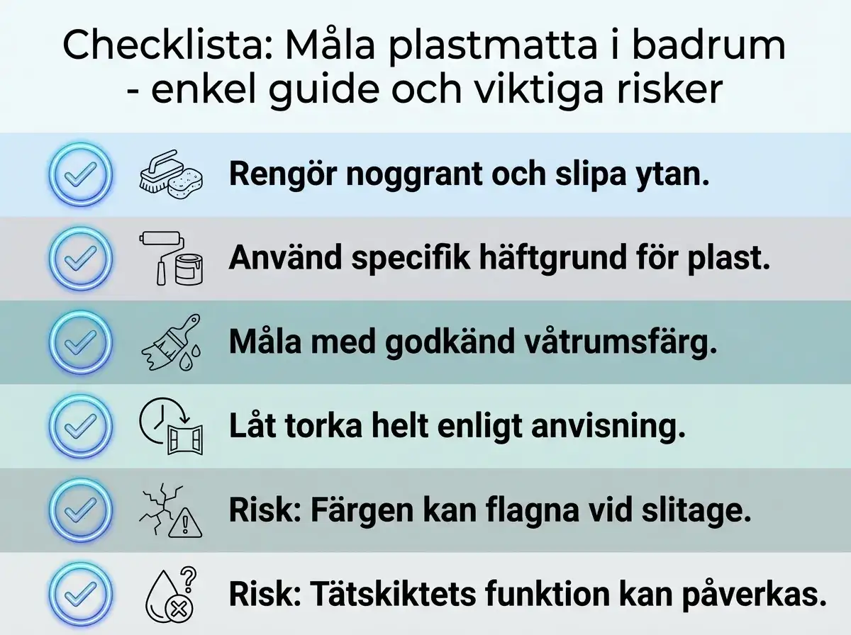 Checklista för att måla plastmatta i badrum: rengör, använd häftgrund, våtrumsfärg, låt torka. Risk för flagning och påverkan på tätskikt.