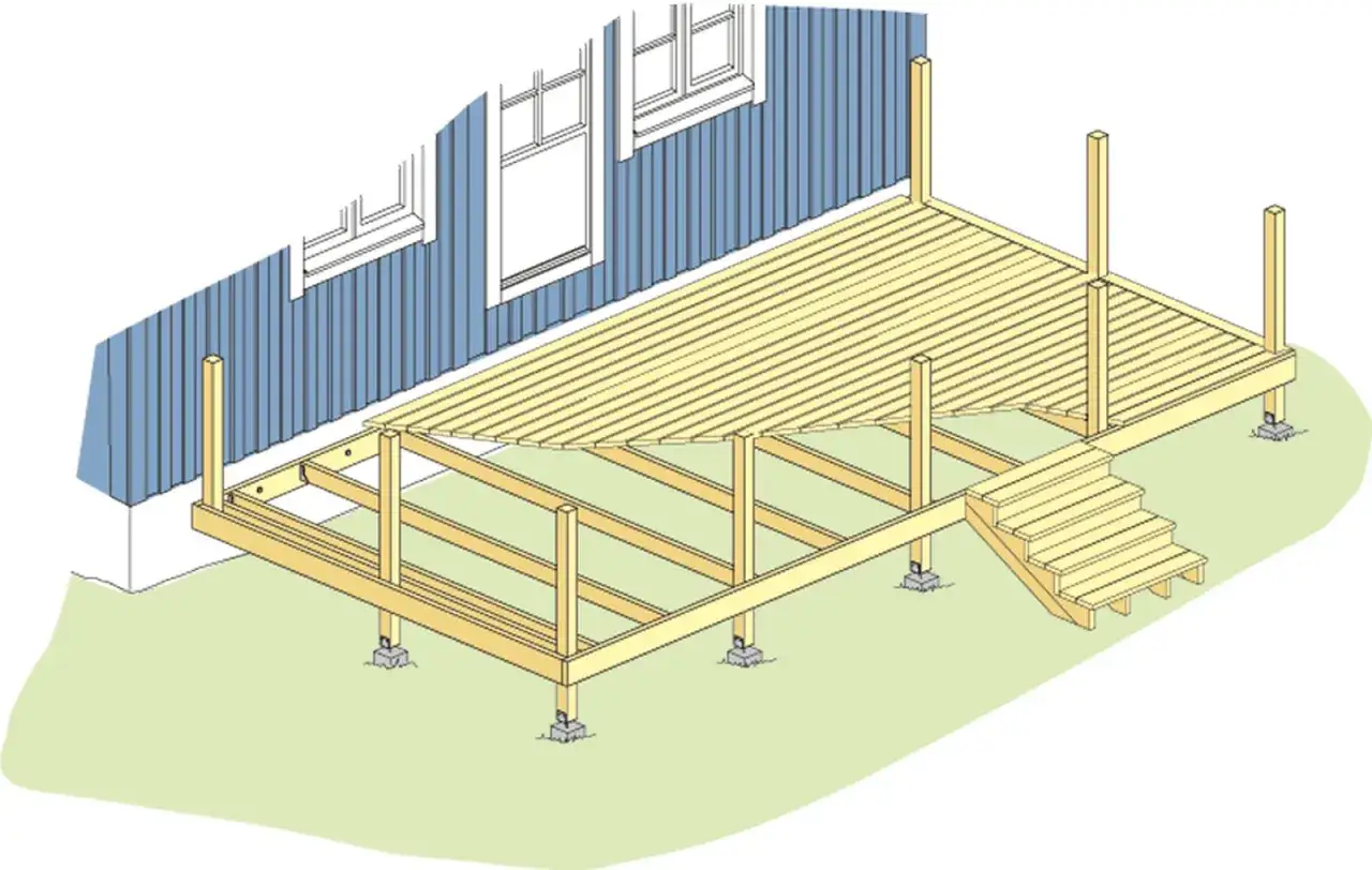 Illustration visar hur man kan bygga altan på plintar. Träkonstruktionen med trappa är under uppbyggnad.