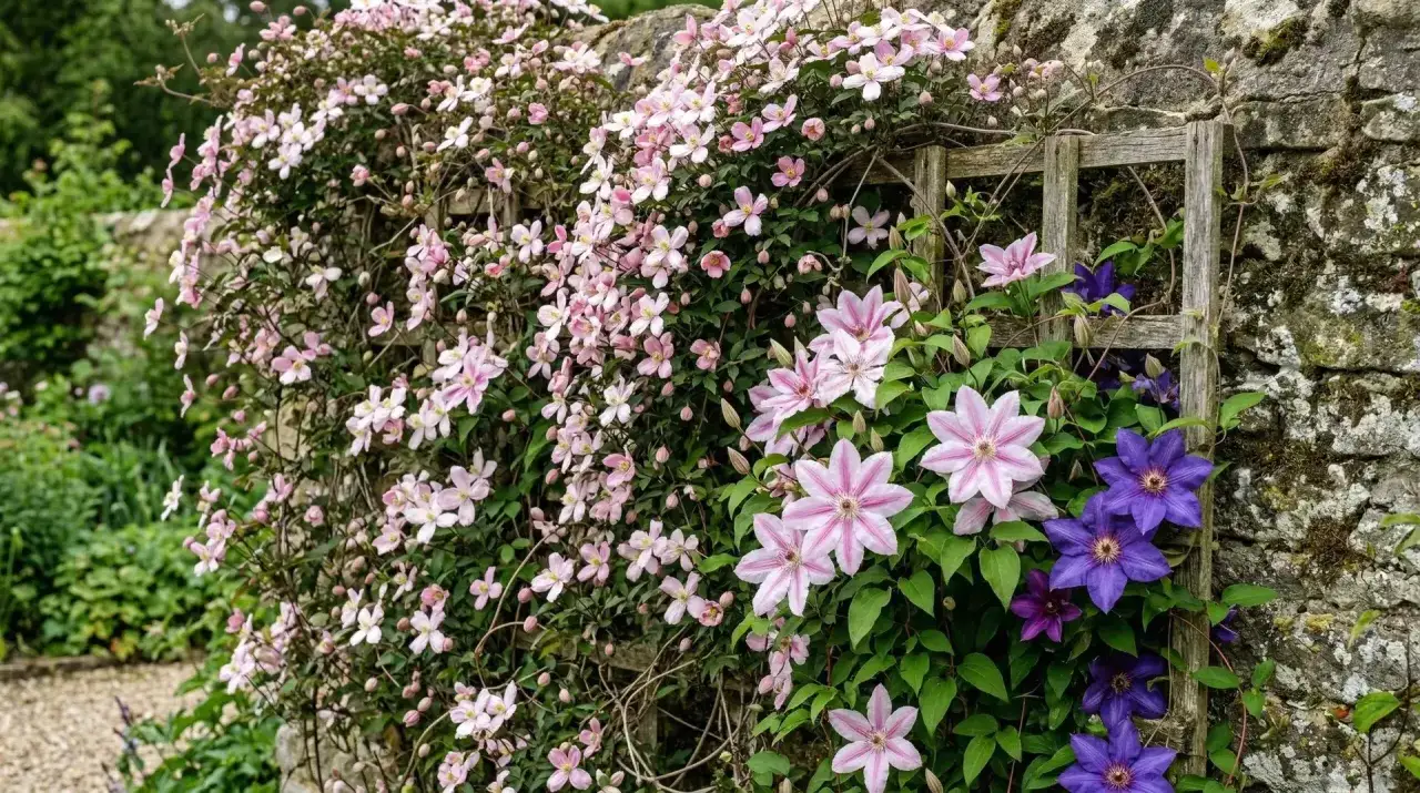 En vacker klematis spalje klättrar över en stenmur, med rosa och lila blommor som blommar frodigt.