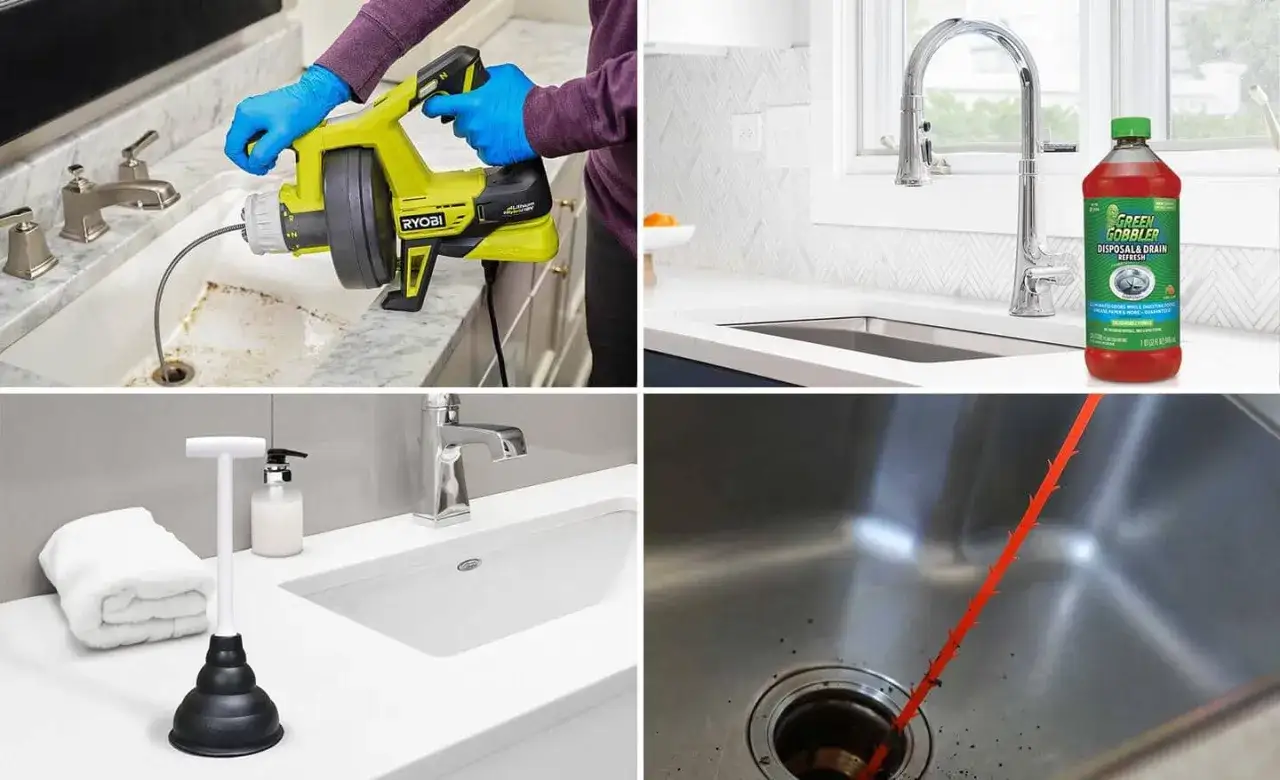 Fyra bilder visar olika sätt att åtgärda stopp i vasken: en avloppsrensare, en flaska med avloppsrens, en sugpropp och en flexibel rensare.