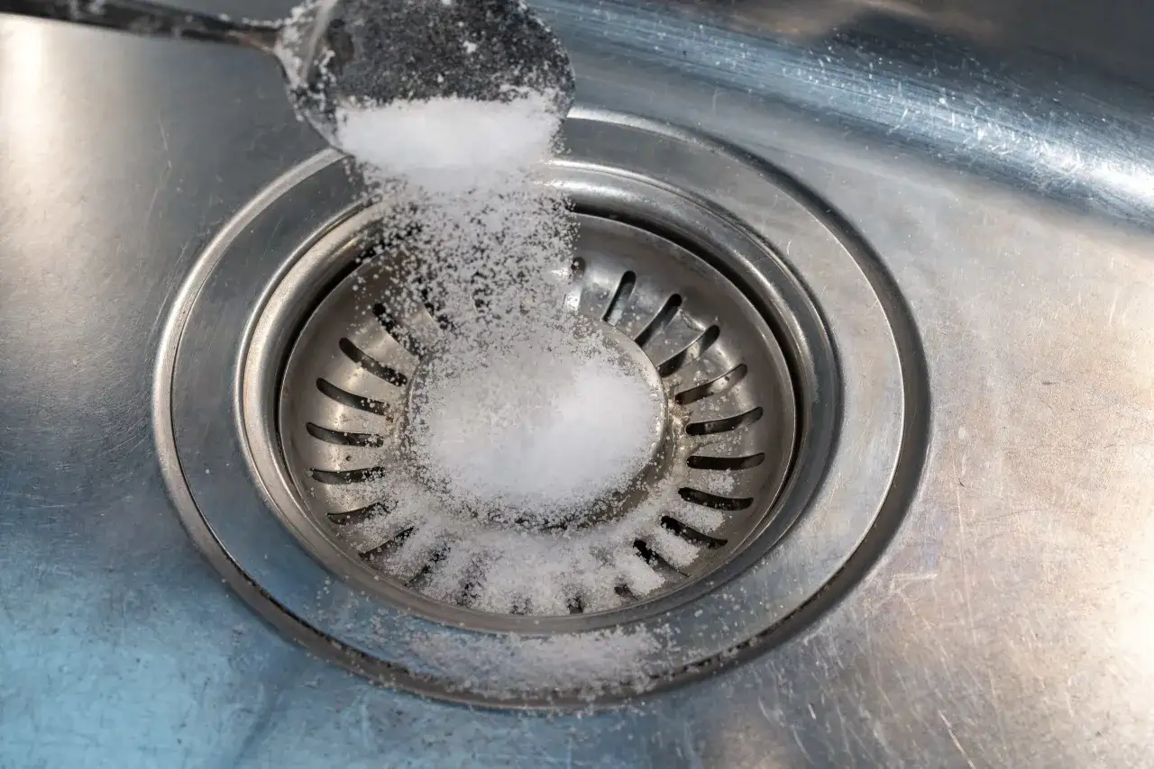 Salt sprids över diskhoavloppet, kanske för att rensa det.