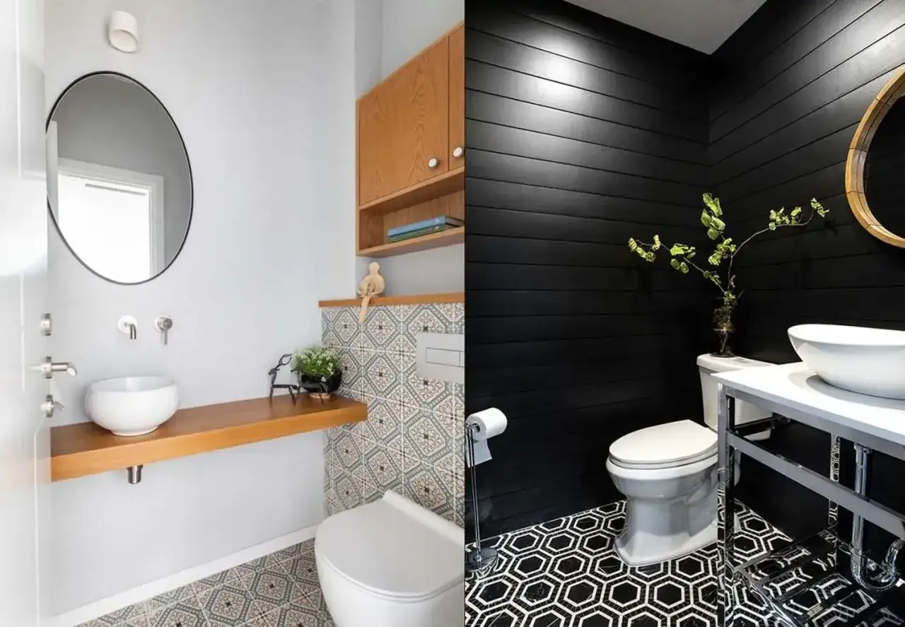 Två stilar för att renovera liten toalett: ljus med trädetaljer och mörk med svarta träpaneler och hexagonkakel.