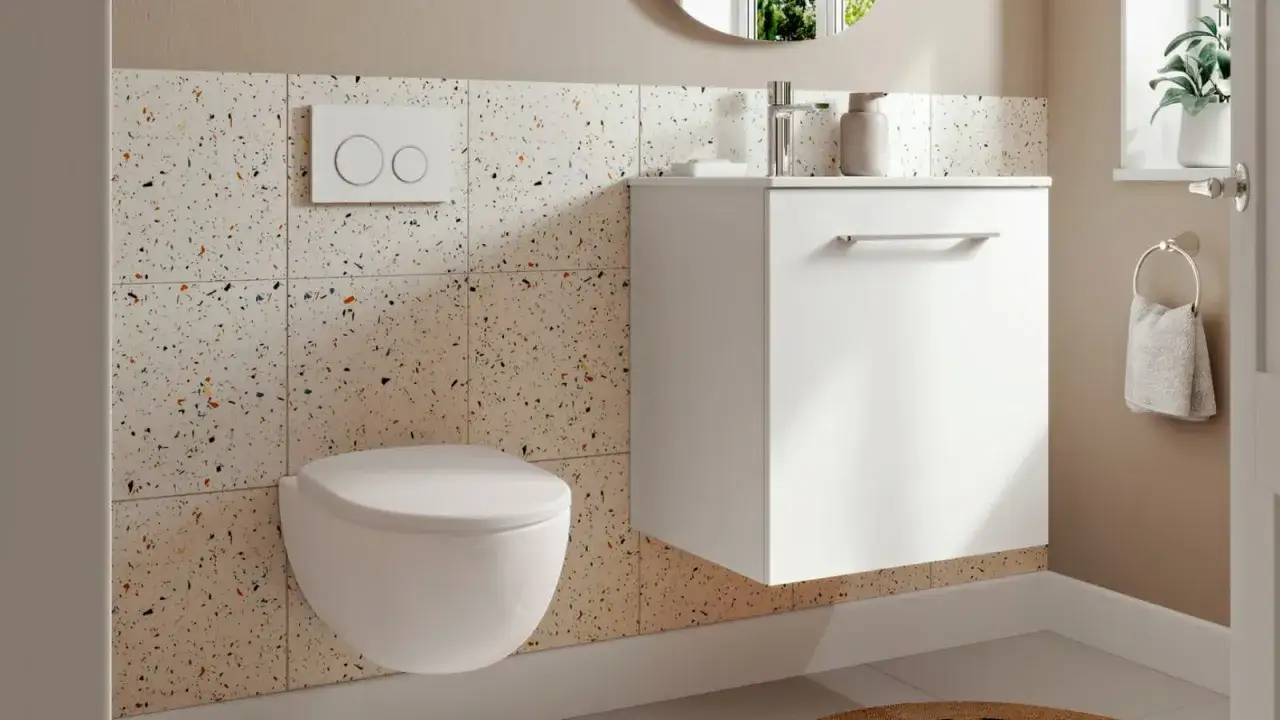 Modern toalett med vägghängd skål och vit kommod. Terrazzokakel ger en lekfull touch till badrummet, perfekt för en renovera toalett.