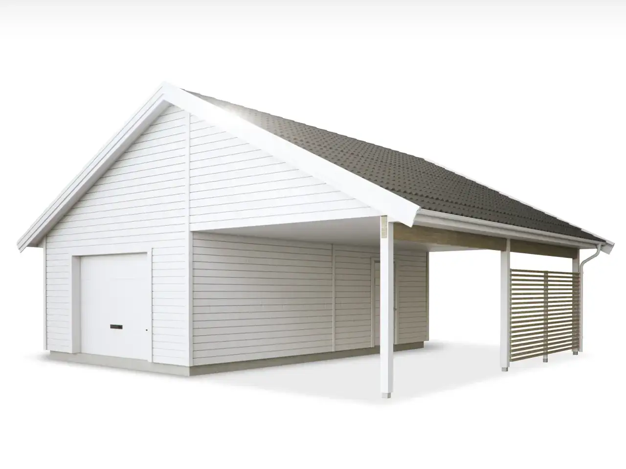 Vitt garage med carport och en grind. Perfekt för dig som vill bygga garage.