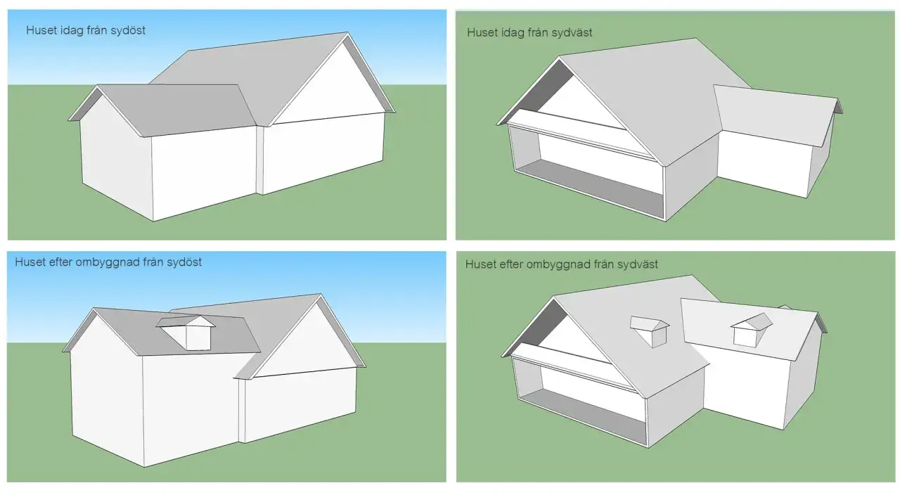 F&ouml;rest&auml;ll dig att bygga p&aring; en v&aring;ning! Bilderna visar ett hus f&ouml;re och efter en ombyggnad, med nya takkupor som ger mer utrymme.