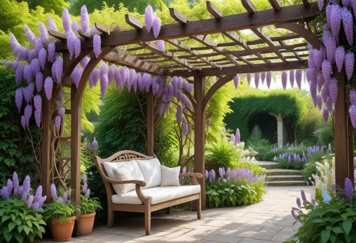 En vacker blåregn pergola med en träbänk under, omgiven av lila blommor och grönska.