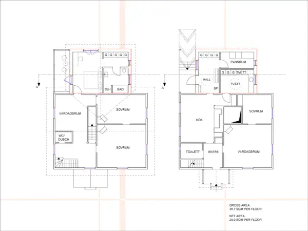Planritning av hus med tillbyggnad i vinkel. Visar rum som kök, sovrum, badrum och vardagsrum.
